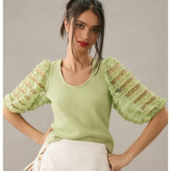 NWT Anthropologie DOLAN Ruffle-Sleeve Mint Green Spring Top Size XL - Picture 1 of 16